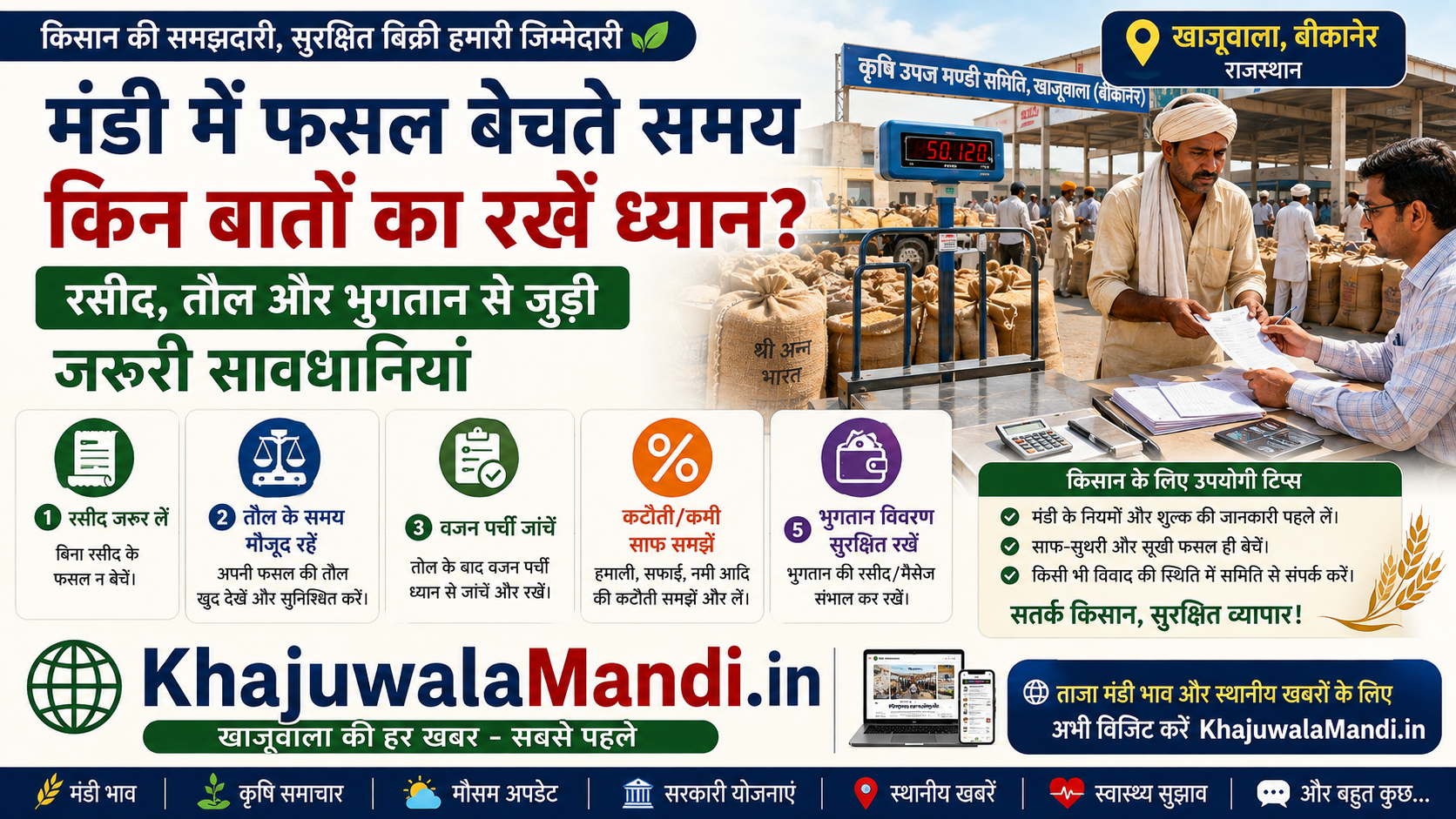 मंडी में फसल बेचते समय रसीद, तौल और भुगतान की सावधानियाँ